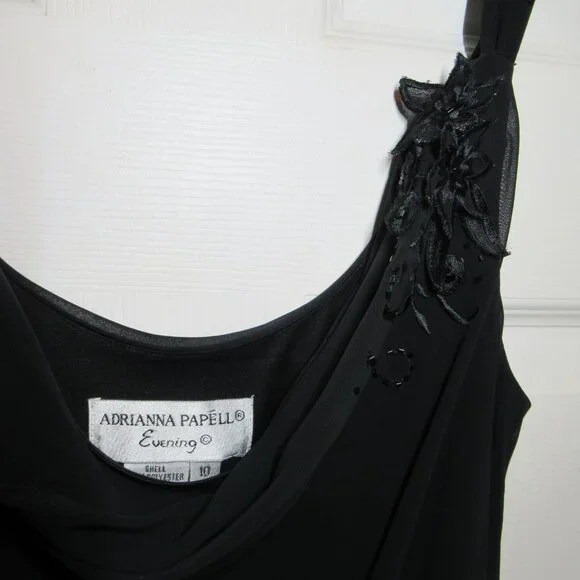 Adrianna Papell Black Chiffon Gown Floral Applique Beads EUC Whimsigoth Cowl - Picture 6 of 16